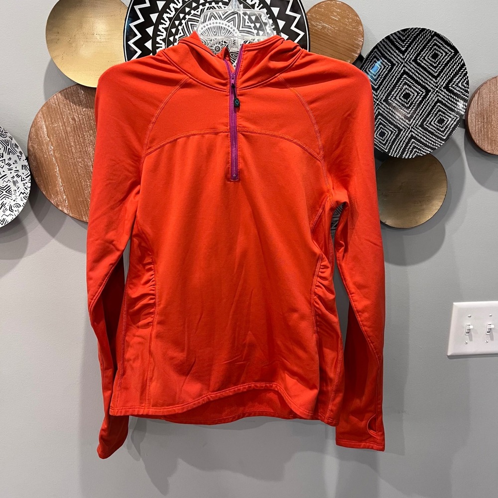 Stonewear Designs Womens Orange Fleece Lined 1/4 Zip Ruched Hoodie Thumbhole Med